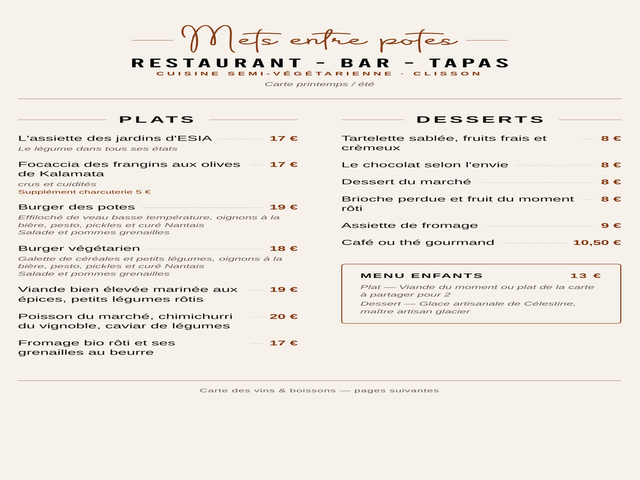 Mets entre potes MENU ET BOISSONS